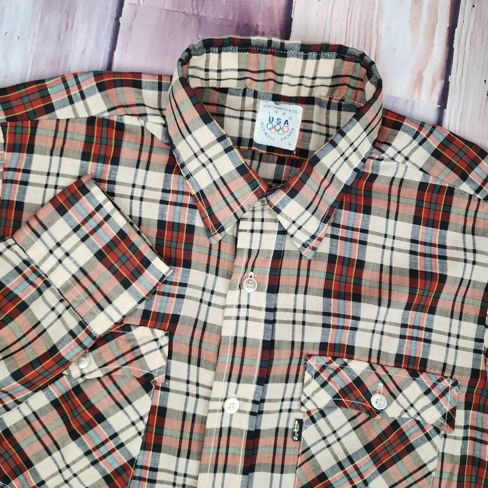 Levis Large Vintage 1980 Olympic Games Red Plaid Button Up Shirt Black Gold Logo